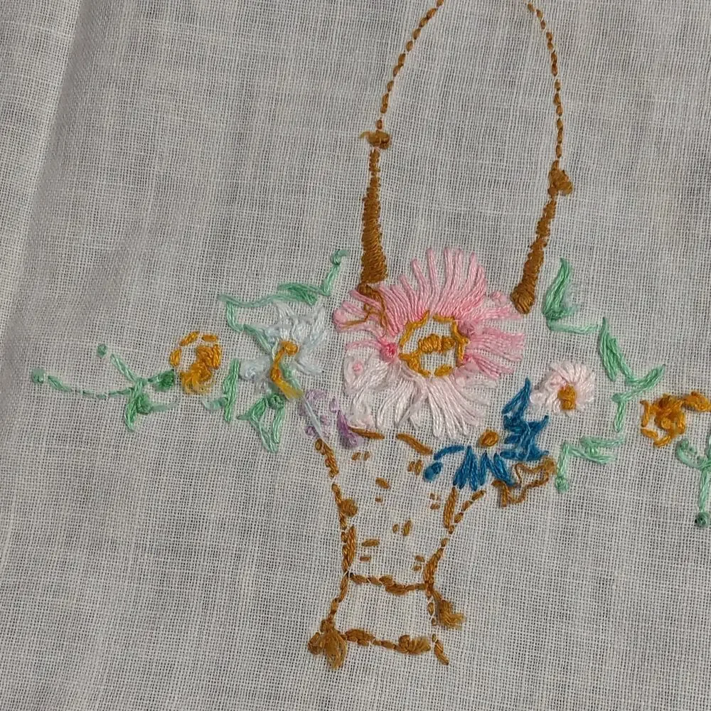 Vintage Oval White Table Topper Embroidery Crocheted Edge 14